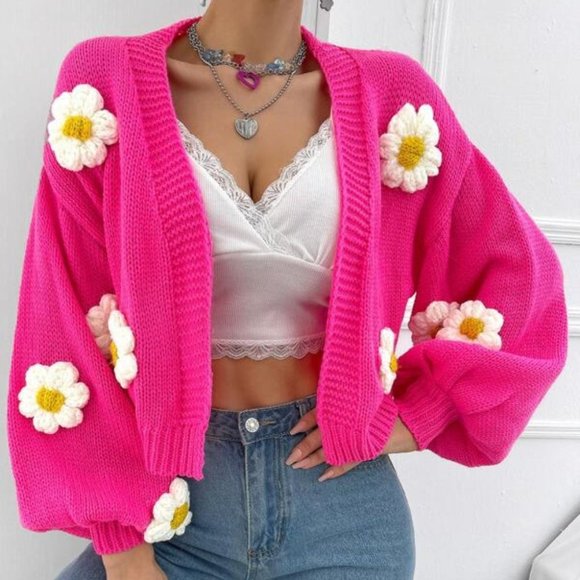 Hot Pink Floral Bishop Sleeved Sweater Cardigan - Picture 2 of 8